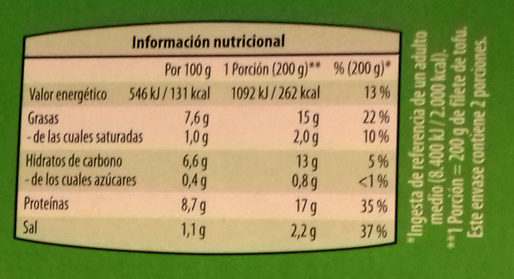 Filete de Tofu Espinacas congelado - Informació nutricional - es