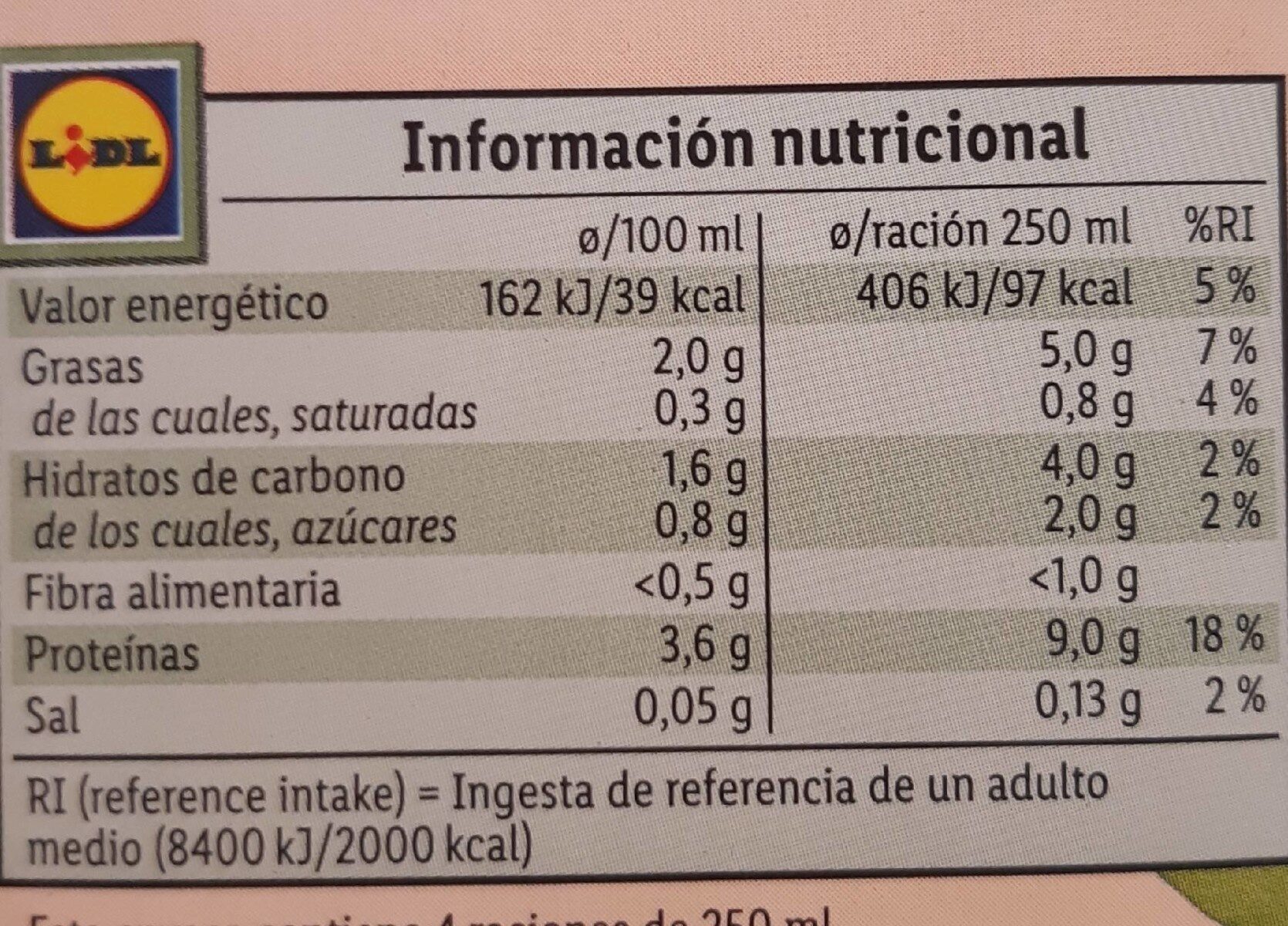 Bebida de Soja 0% Azúcares añadidos - Informació nutricional - es