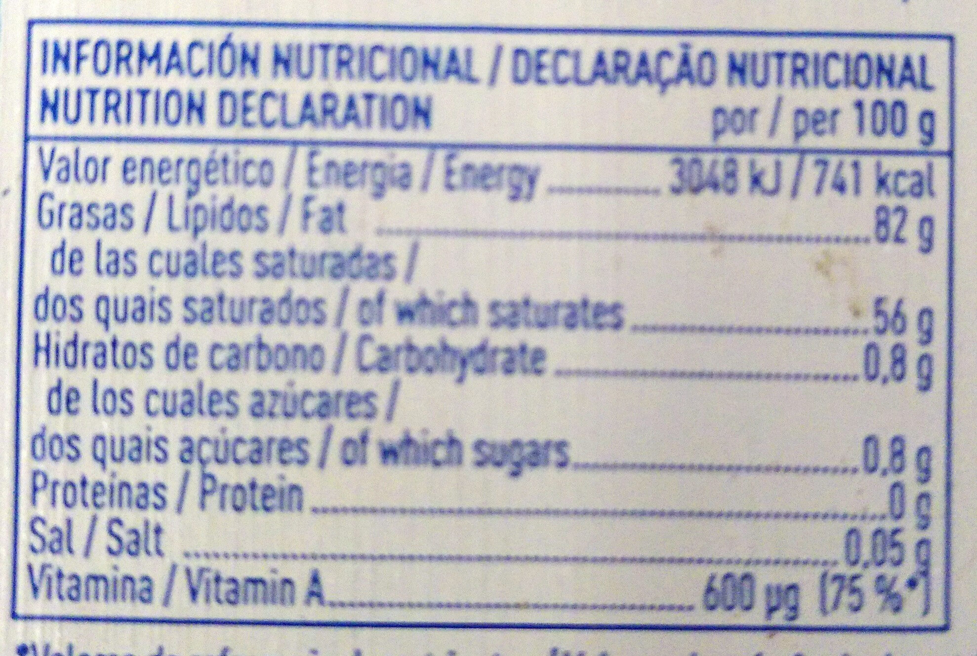 Mantequilla sin sal - Informació nutricional - es