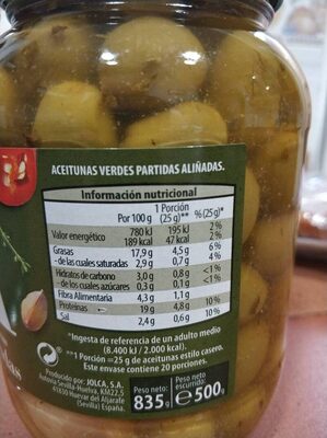 Olives adobades - Aceitunas aliñadas - Informació nutricional - es