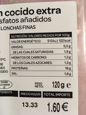 Jamón cocido extra Carrefour sin fosfatos añadidos - Informació nutricional - es
