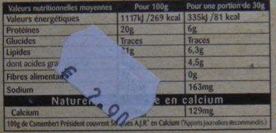 Camembert - Informació nutricional - fr