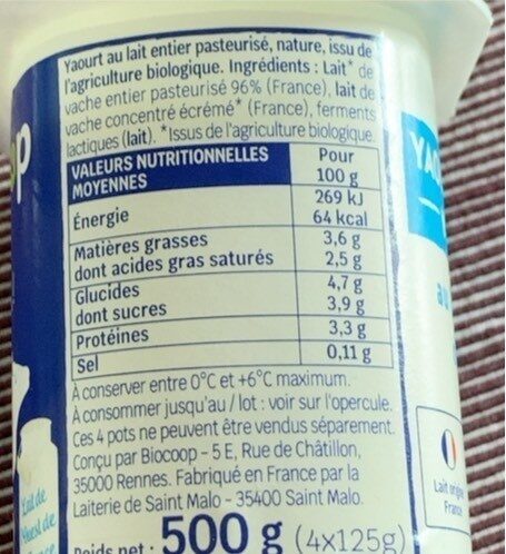 Yaourt nature au lait entier nature - Informació nutricional - fr