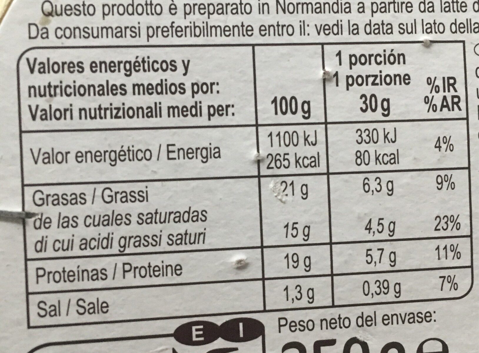 Camembert - Informació nutricional - es