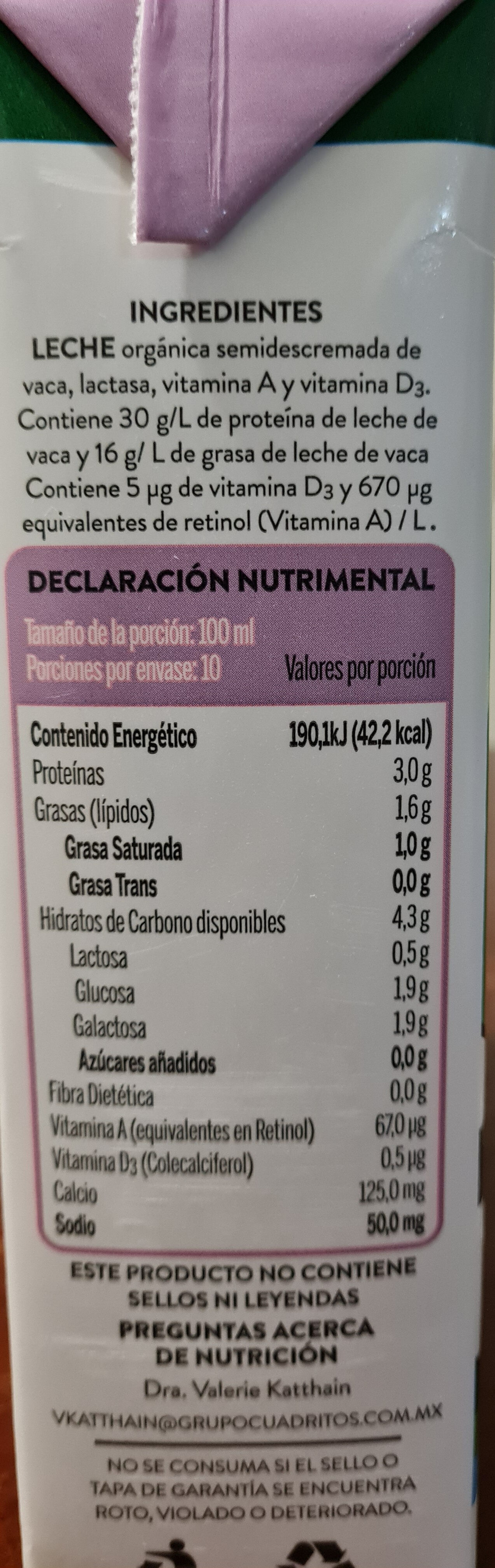 Leche orgánica deslactosada semidescremada - Ingredients - en