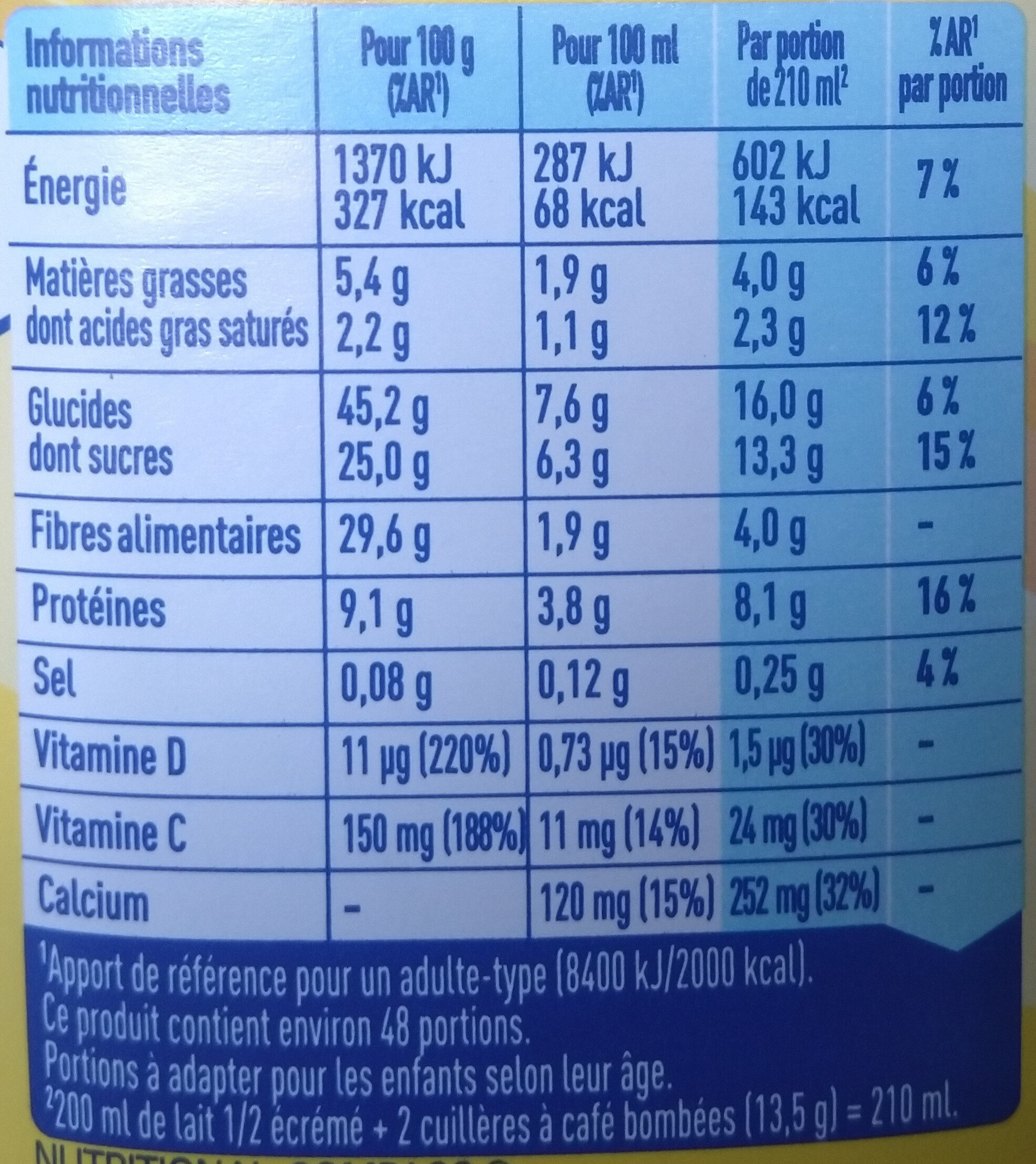 NESQUIK Moins de Sucres Poudre Cacaotée boîte 650g - Informació nutricional - fr