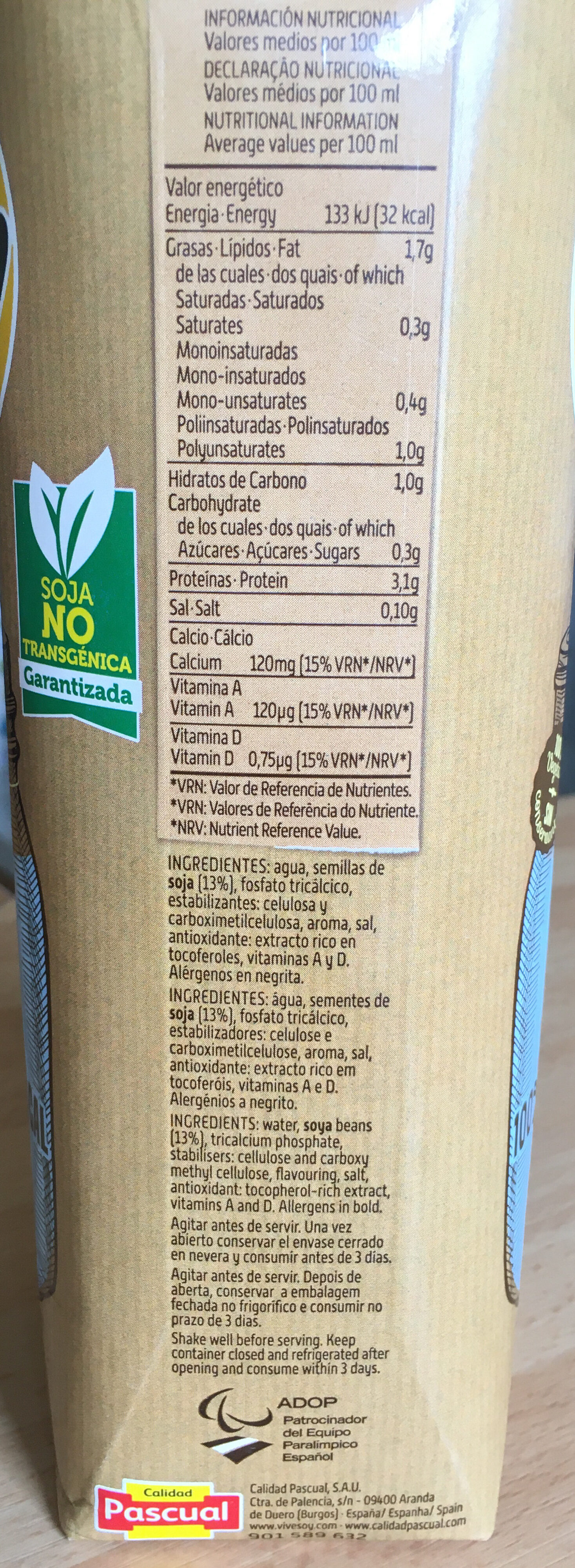 Bebida de soja clasica 100% cultivo local - Ingredients - es