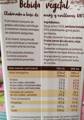 Bebida vegetal Avellana - Informació nutricional