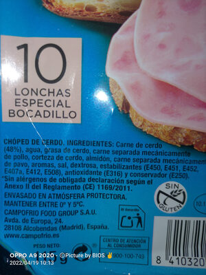 Chopped pork lonchas sin gluten - Ingredients - es