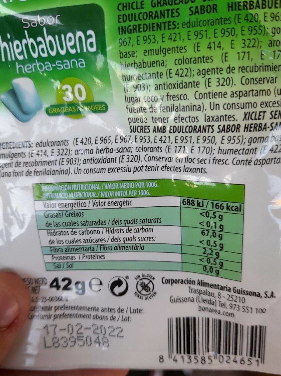 Chicles sin azúcar sabor hierbabuena - Informació nutricional - es
