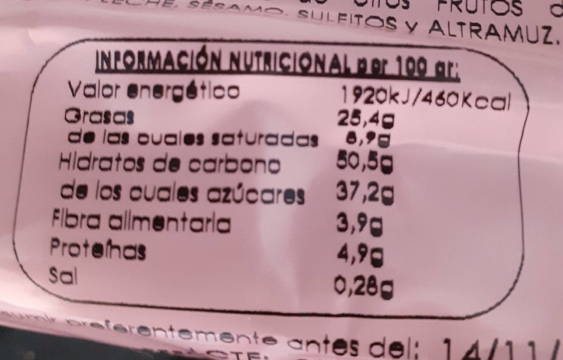 Bizcocho pepitas chocolate - Informació nutricional - es