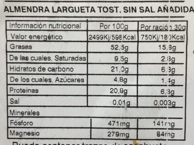 Almendra Largueta con piel tostada sin sal añadida - Informació nutricional