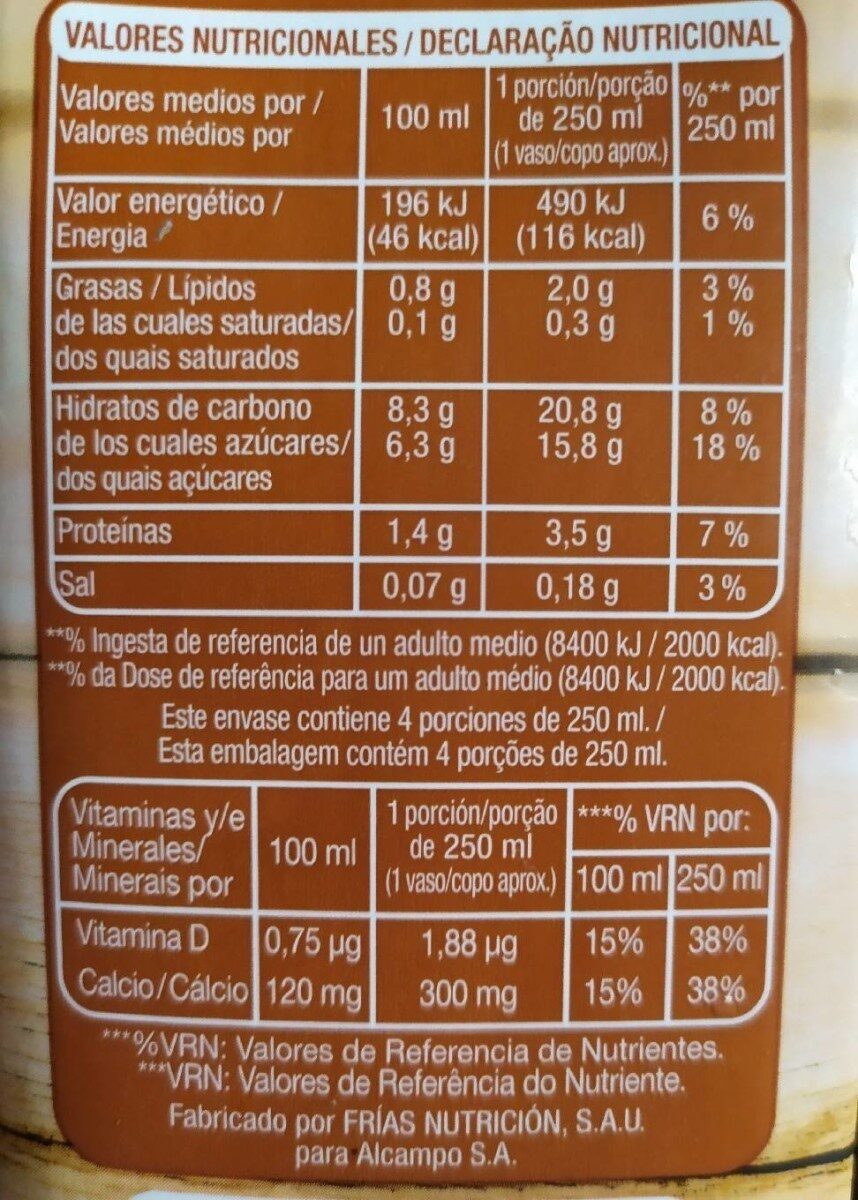 Bebida de Avena - Informació nutricional - es