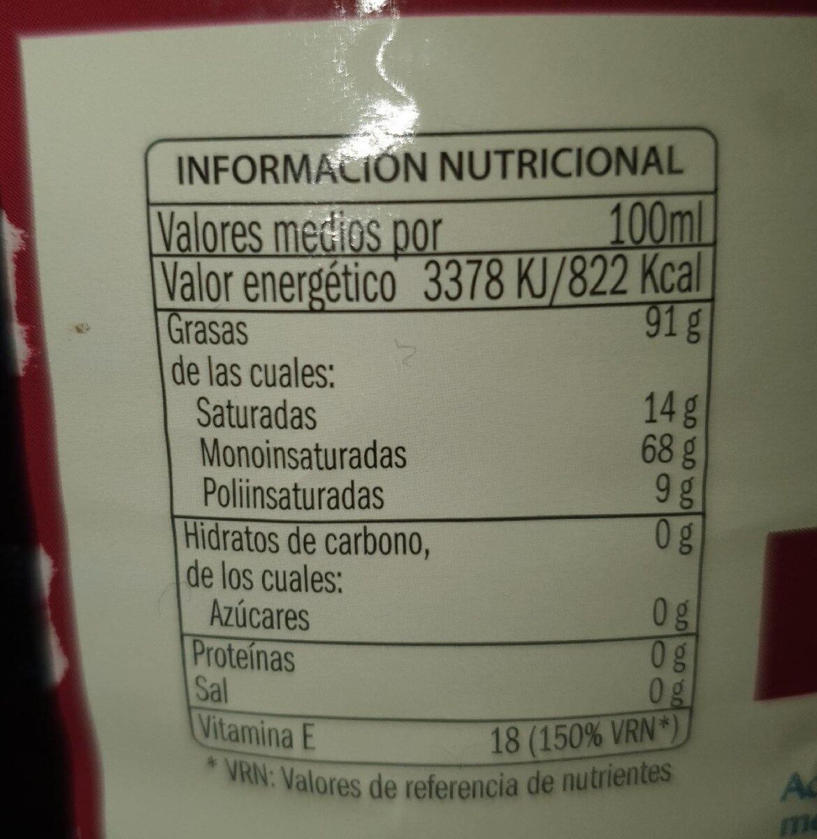 Aceite de Oliva Virgen Extra - Informació nutricional - es