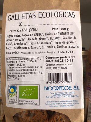 Galletas ecológicas con Chía - Informació nutricional - es