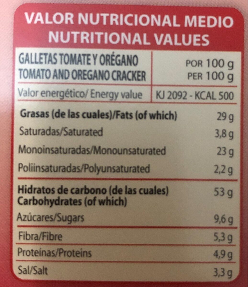 Galletas con tomate y orégano - Informació nutricional - es